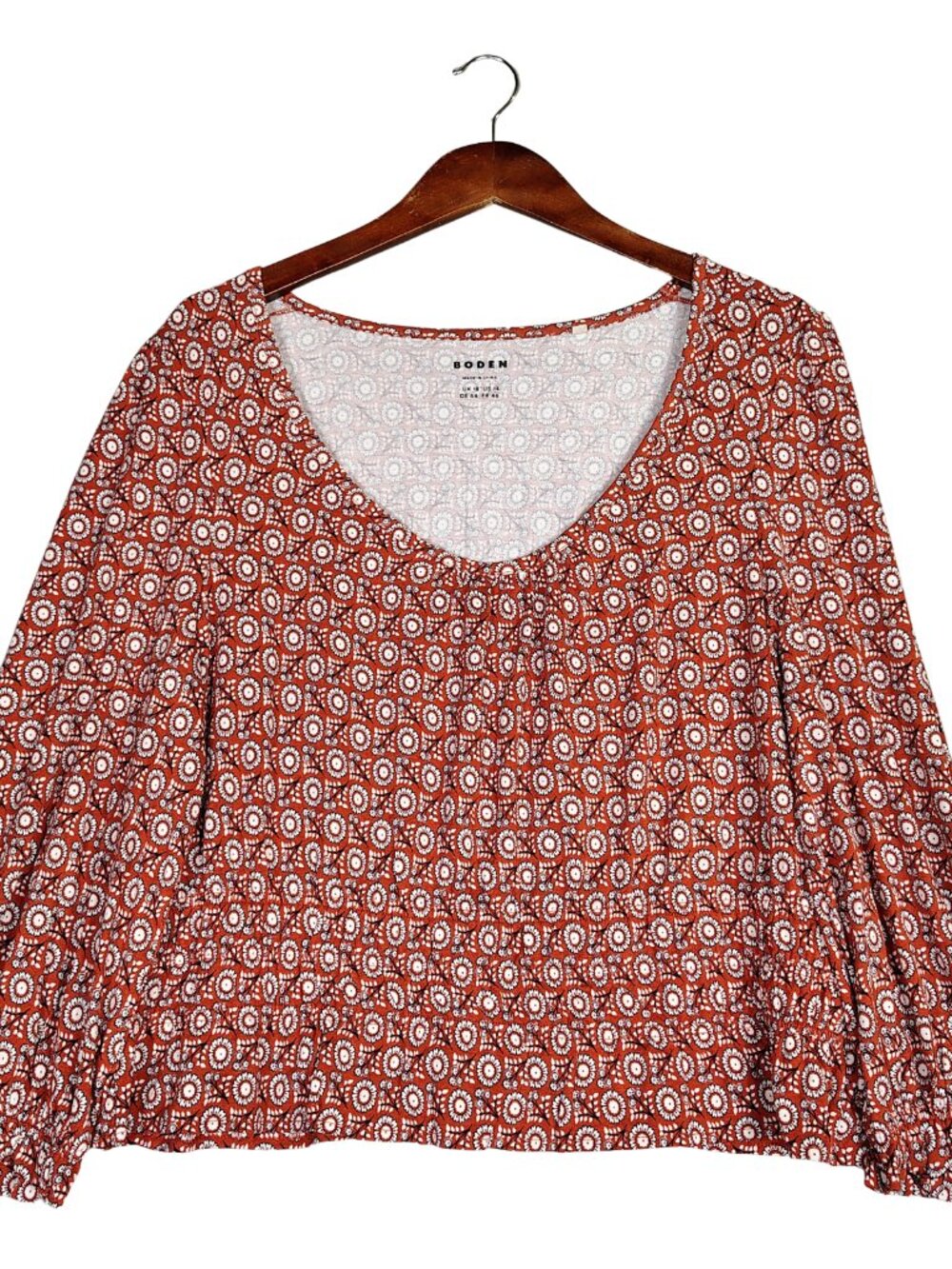 Boden Top Women's 14 Red White Floral Gathered Peplum Long Sleeve Blouse Cottage